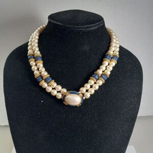 Vintage G.Silver Faux Pearl Large White Cabochon Blue/Gold Enamel Box Clasp